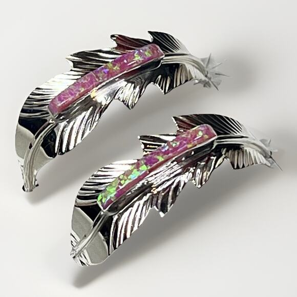 New Navajo Allen Barney Sterling Silver Pink Opal Feather Earrings Native SW - Picture 6 of 14